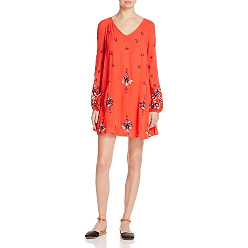 Free People Womens Embroidered Open Back Babydoll Dress Red XS